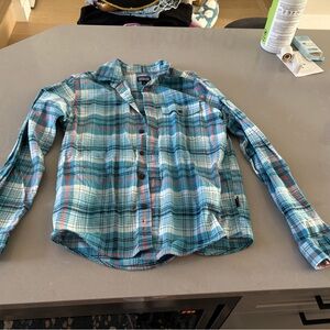 Patagonia Teal and Coral Plaid flannel Shirt